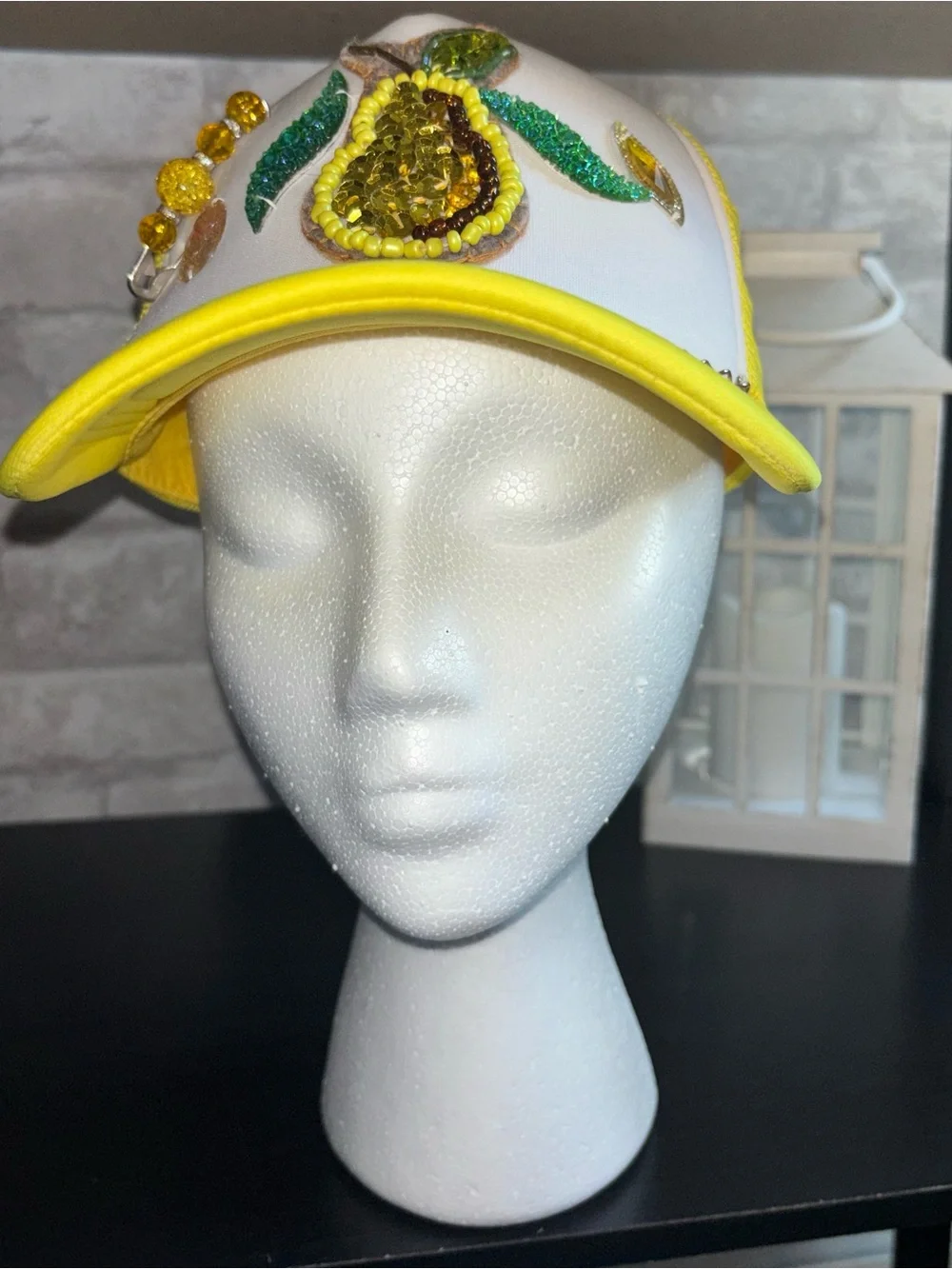 Handmade Embellished White & Yellow Sequin Baseball Cap NWT